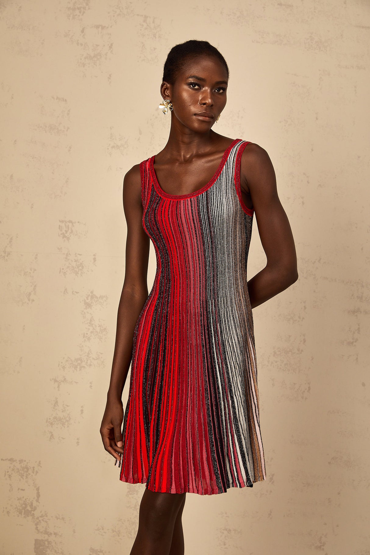 Aurohaya Amaryllis Red Sequin Striped Knit Mini Dress