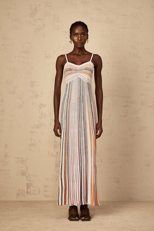 Aurohaya Bruyère Neutral Sequin Striped Knit Maxi Dress
