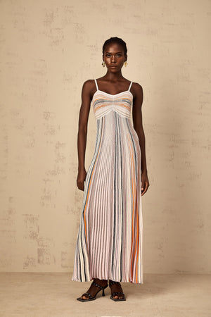 Aurohaya Bruyère Neutral Sequin Striped Knit Maxi Dress