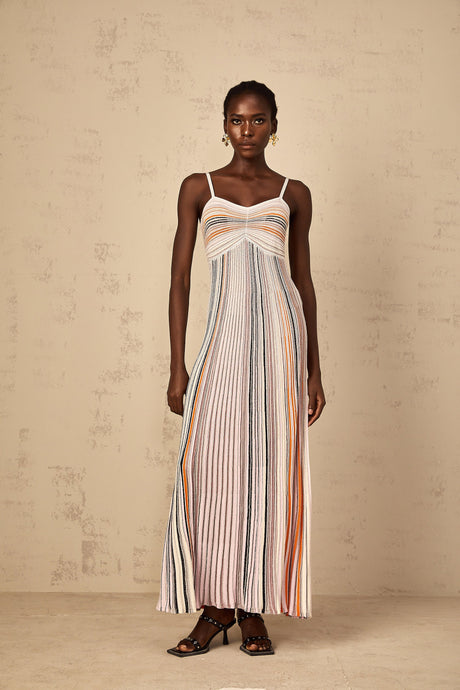 Aurohaya Bruyère Neutral Sequin Striped Knit Maxi Dress