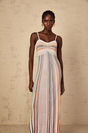 Aurohaya Bruyère Neutral Sequin Striped Knit Maxi Dress