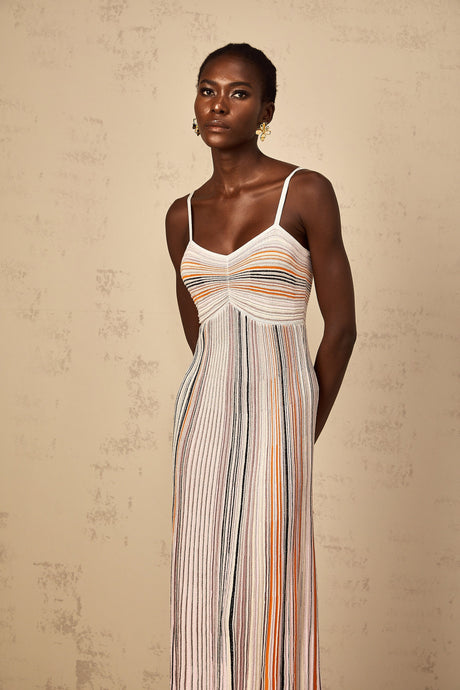 Aurohaya Bruyère Neutral Sequin Striped Knit Maxi Dress