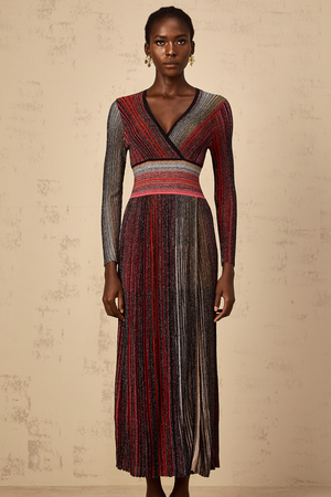 Aurohaya Amaryllis Red Long Sleeve Sequin Striped Knit Maxi Dress