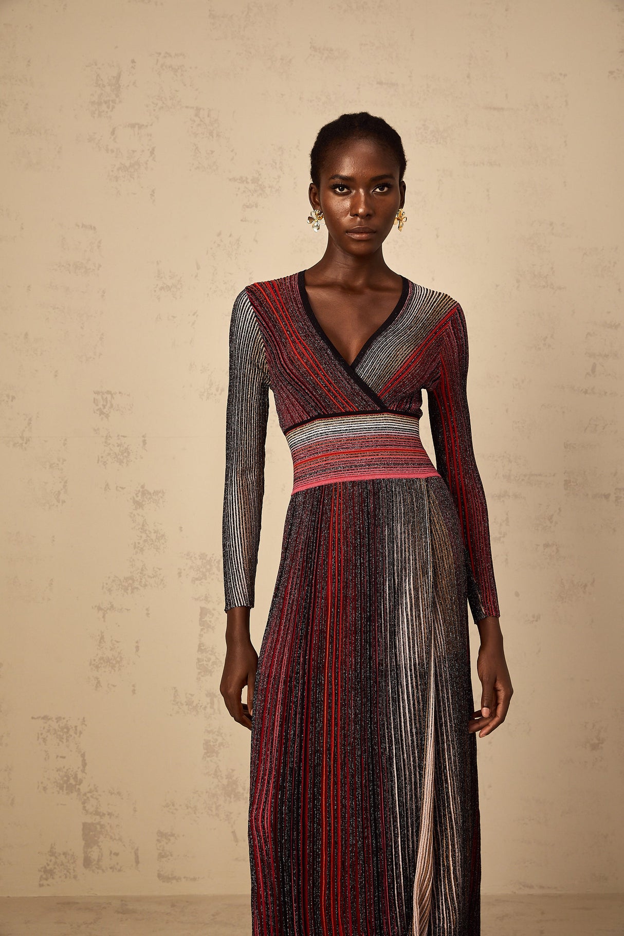 Aurohaya Amaryllis Red Long Sleeve Sequin Striped Knit Maxi Dress
