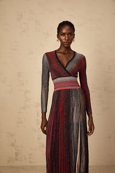 Aurohaya Amaryllis Red Long Sleeve Sequin Striped Knit Maxi Dress