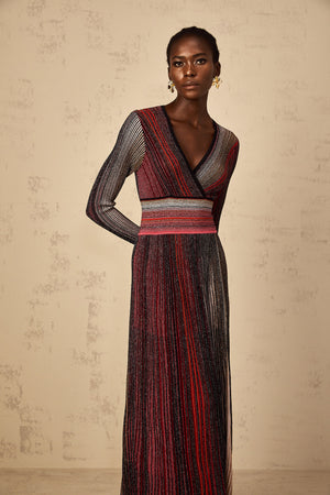 Aurohaya Amaryllis Red Long Sleeve Sequin Striped Knit Maxi Dress