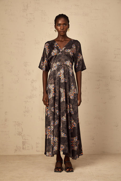 Aurohaya Glannon Black Self-Tie Butterfly Print Maxi Dress