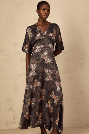 Aurohaya Glannon Black Self-Tie Butterfly Print Maxi Dress
