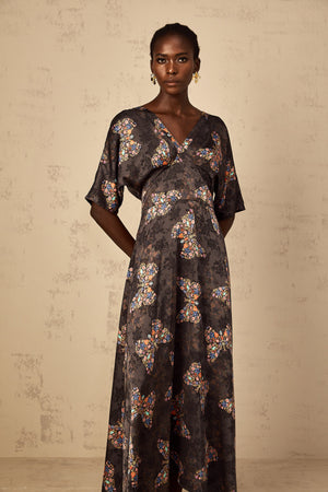 Aurohaya Glannon Black Self-Tie Butterfly Print Maxi Dress