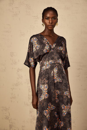 Aurohaya Glannon Black Self-Tie Butterfly Print Maxi Dress