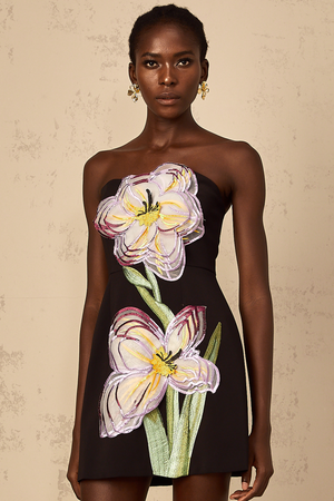 Aurohaya Irène Black Off-Shoulder Sequin Floral Embroidered Mini Dress