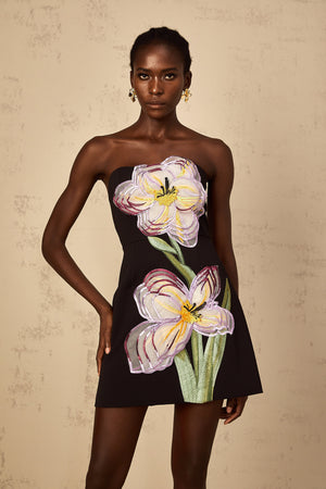 Aurohaya Irène Black Off-Shoulder Sequin Floral Embroidered Mini Dress