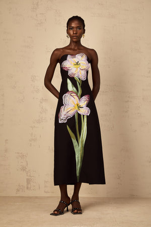 Aurohaya Irène Sequin Embroidered Off-Shoulder Midi Dress in Black