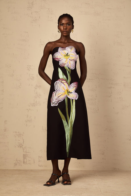 Aurohaya Irène Sequin Embroidered Off-Shoulder Midi Dress in Black