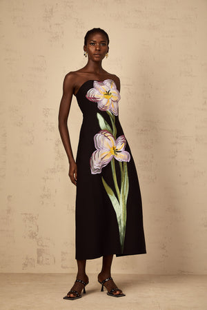 Aurohaya Irène Sequin Embroidered Off-Shoulder Midi Dress in Black
