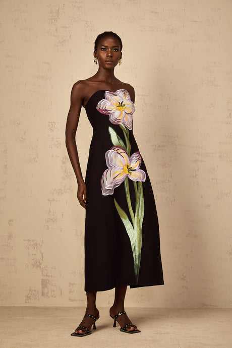Aurohaya Irène Sequin Embroidered Off-Shoulder Midi Dress in Black