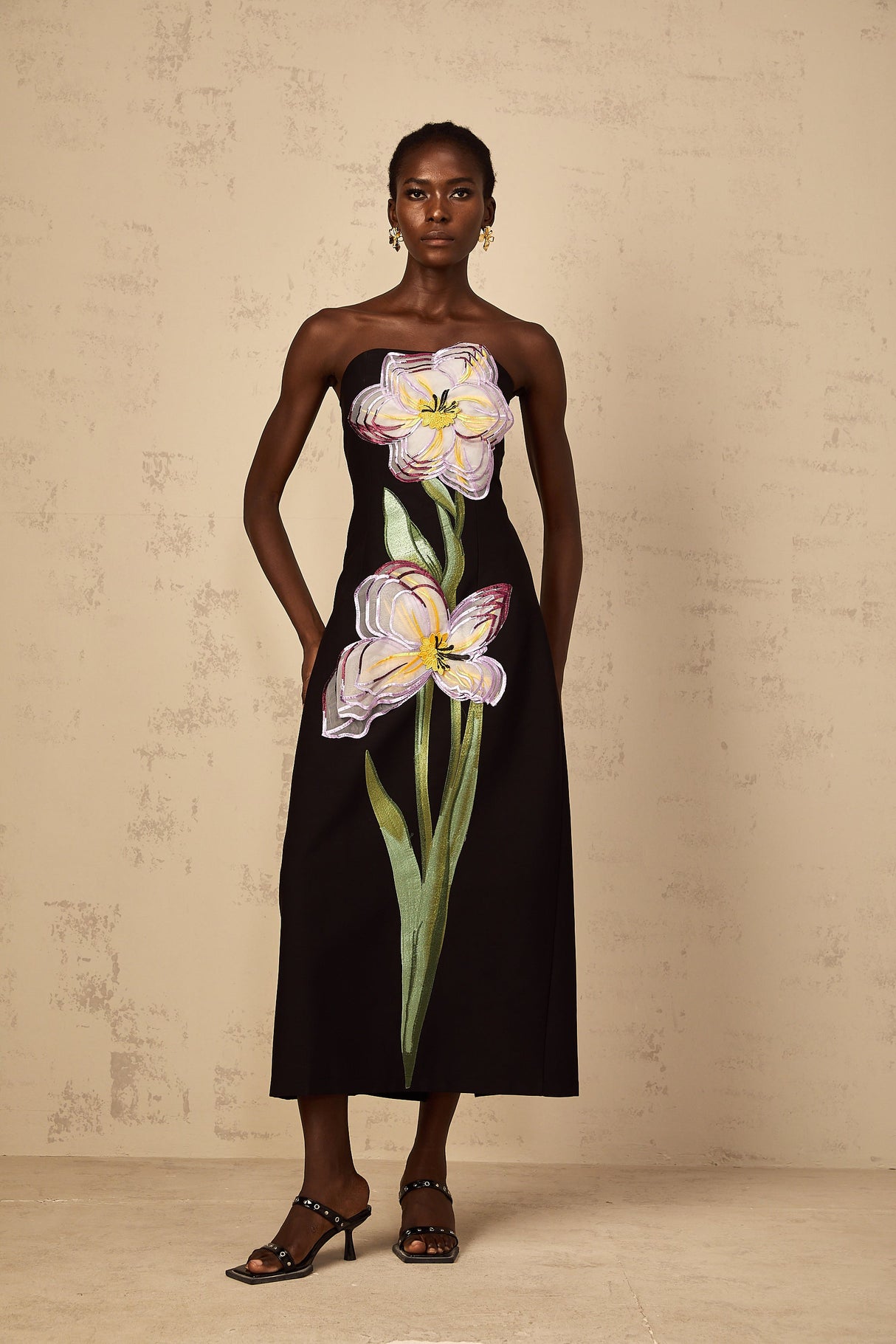 Aurohaya Irène Sequin Embroidered Off-Shoulder Midi Dress in Black