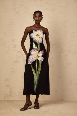 Aurohaya Irène Sequin Embroidered Off-Shoulder Midi Dress in Black
