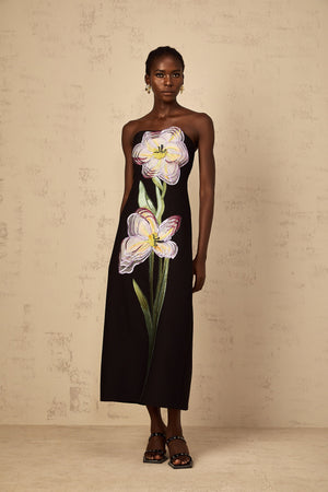 Aurohaya Irène Sequin Embroidered Off-Shoulder Midi Dress in Black