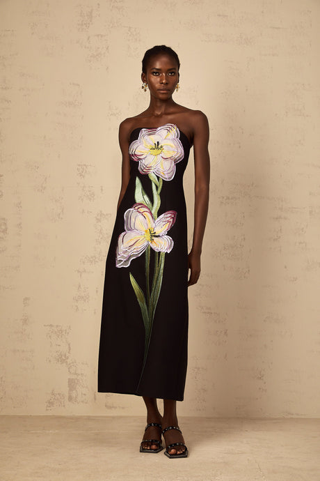 Aurohaya Irène Sequin Embroidered Off-Shoulder Midi Dress in Black