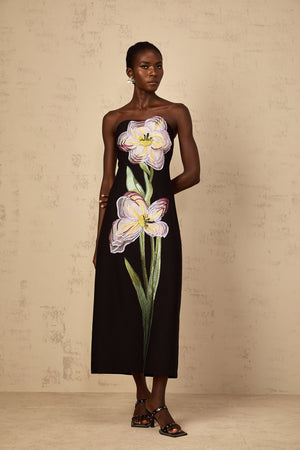 Aurohaya Irène Sequin Embroidered Off-Shoulder Midi Dress in Black