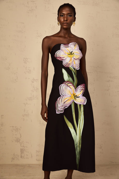 Aurohaya Irène Sequin Embroidered Off-Shoulder Midi Dress in Black