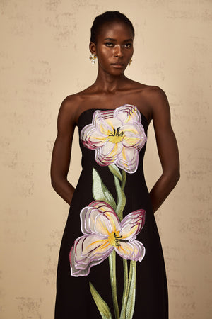 Aurohaya Irène Sequin Embroidered Off-Shoulder Midi Dress in Black