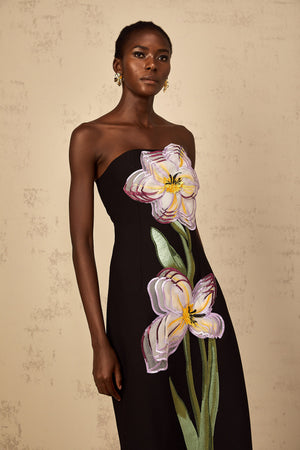 Aurohaya Irène Sequin Embroidered Off-Shoulder Midi Dress in Black