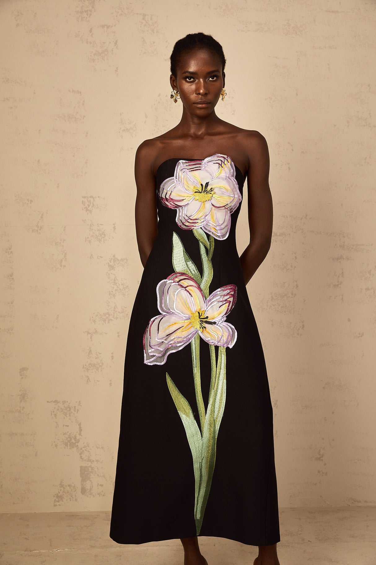Aurohaya Irène Sequin Embroidered Off-Shoulder Midi Dress in Black