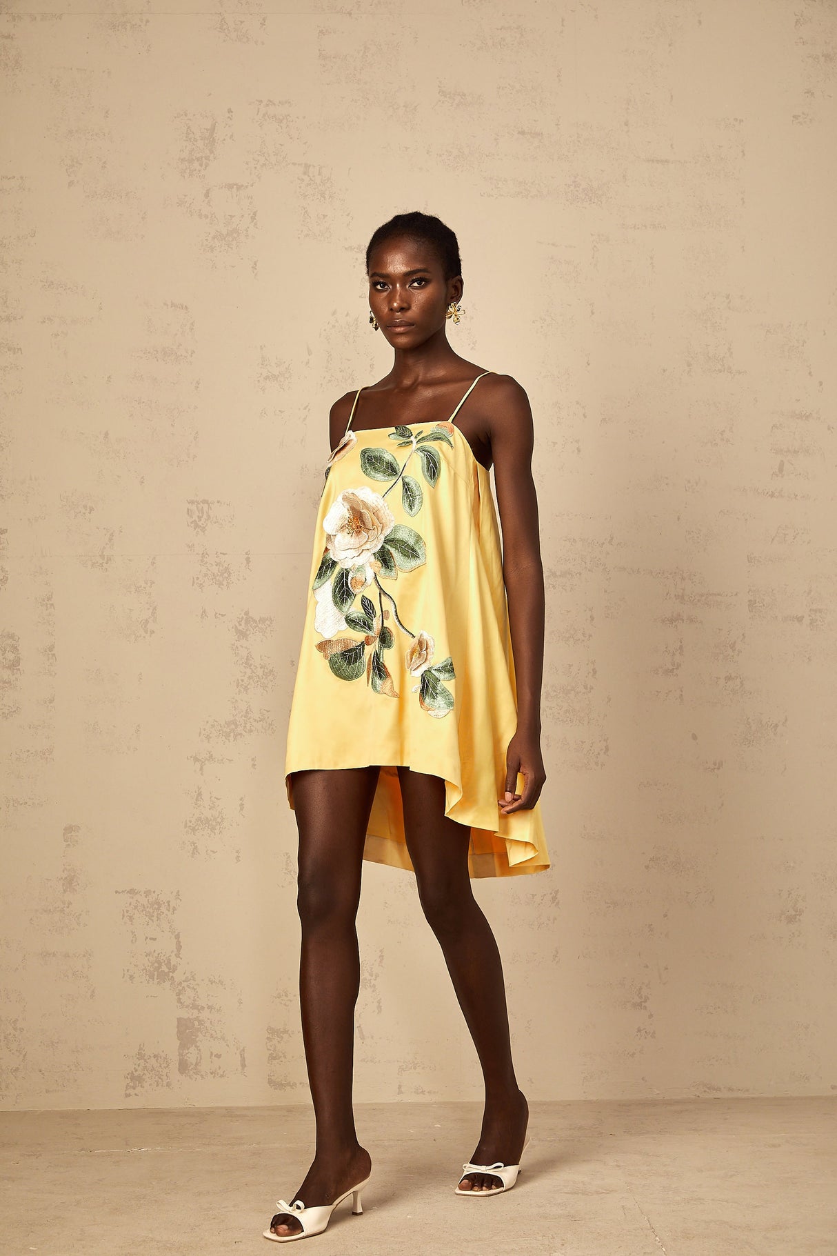 Aurohaya Avril Yellow Floral Embroidered Mini Dress