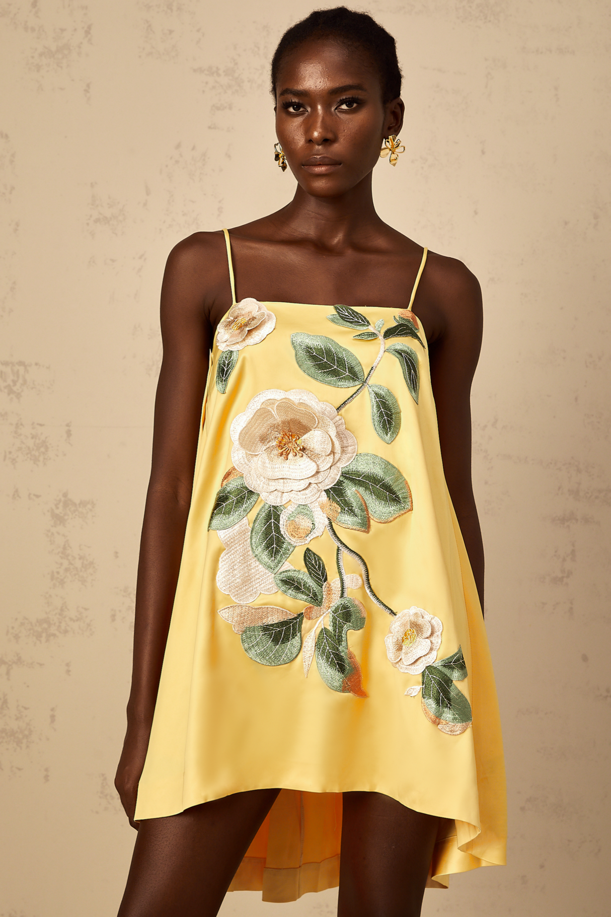 Aurohaya Avril Yellow Floral Embroidered Mini Dress