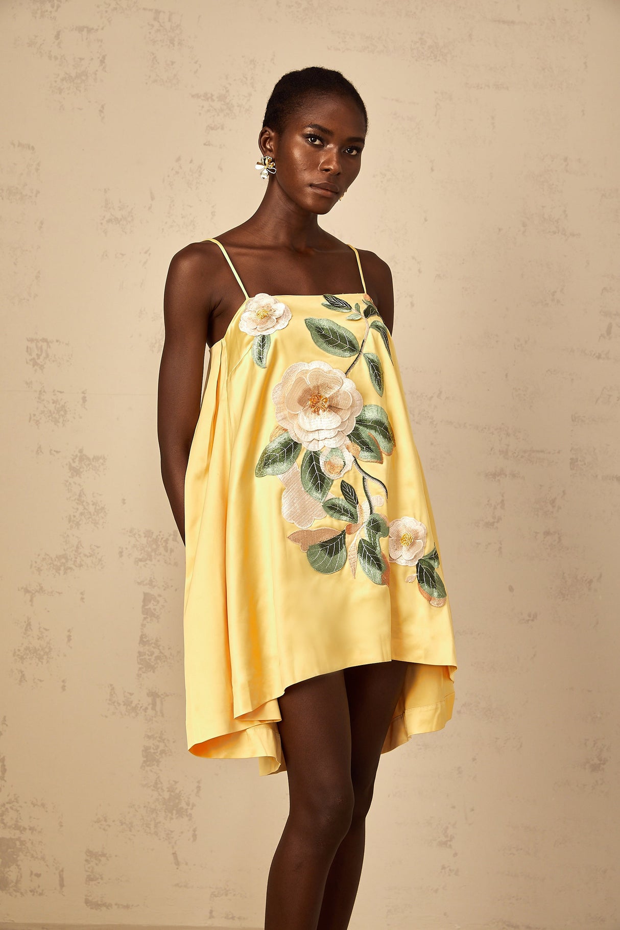 Aurohaya Avril Yellow Floral Embroidered Mini Dress