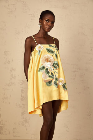 Aurohaya Avril Yellow Floral Embroidered Mini Dress