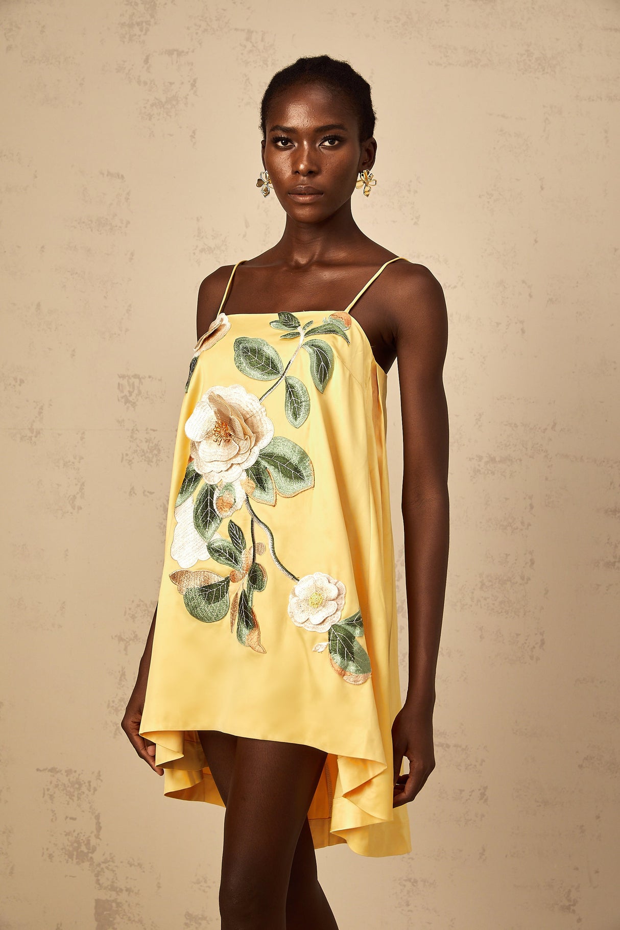 Aurohaya Avril Yellow Floral Embroidered Mini Dress