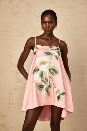 Aurohaya Avril Pink Floral Embroidered Satin Mini Dress