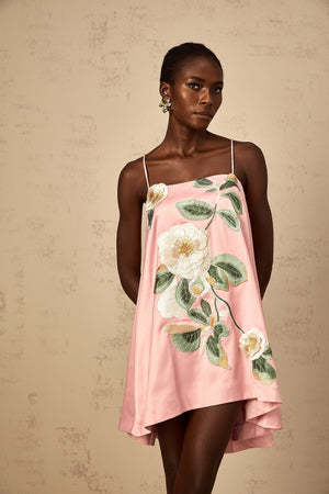 Aurohaya Avril Pink Floral Embroidered Satin Mini Dress