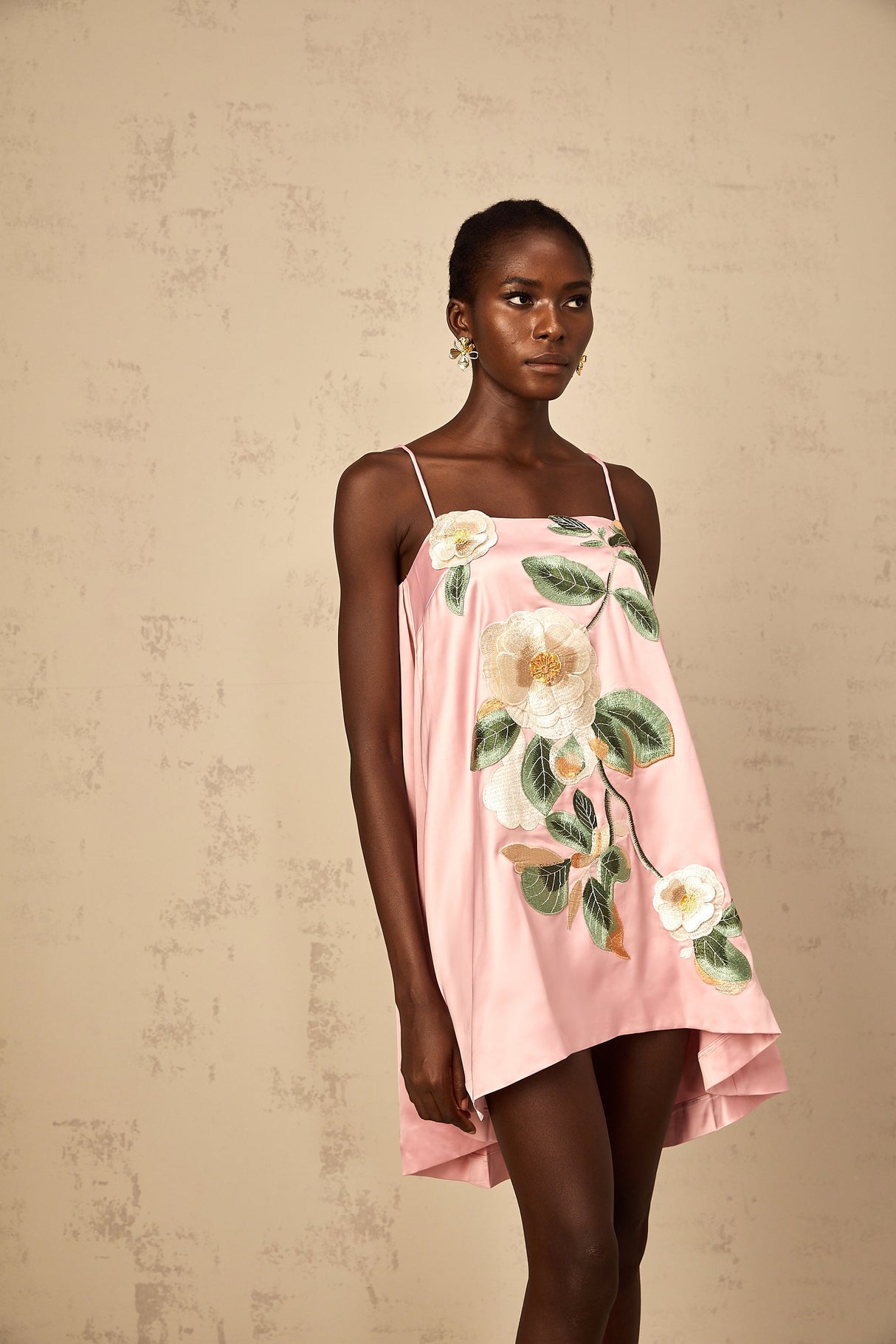 Aurohaya Avril Pink Floral Embroidered Satin Mini Dress
