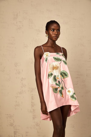 Aurohaya Avril Pink Floral Embroidered Satin Mini Dress