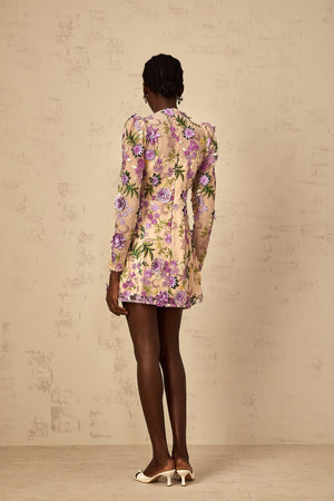 Aurohaya Jolien Purple Floral Appliqué Embroidered Tulle Mini Dress