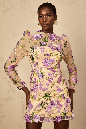 Aurohaya Jolien Purple Floral Appliqué Embroidered Tulle Mini Dress