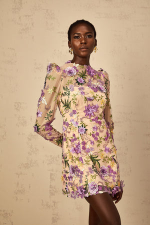 Aurohaya Jolien Purple Floral Appliqué Embroidered Tulle Mini Dress