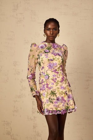 Aurohaya Jolien Purple Floral Appliqué Embroidered Tulle Mini Dress