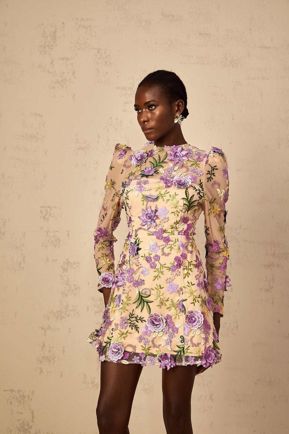 Aurohaya Jolien Purple Floral Appliqué Embroidered Tulle Mini Dress