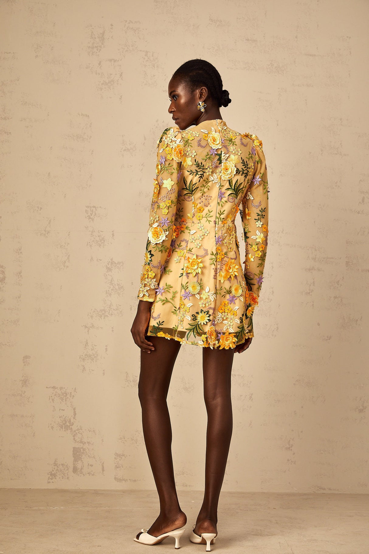 Aurohaya Jolien 3D Floral Appliqué Mini Dress in Yellow