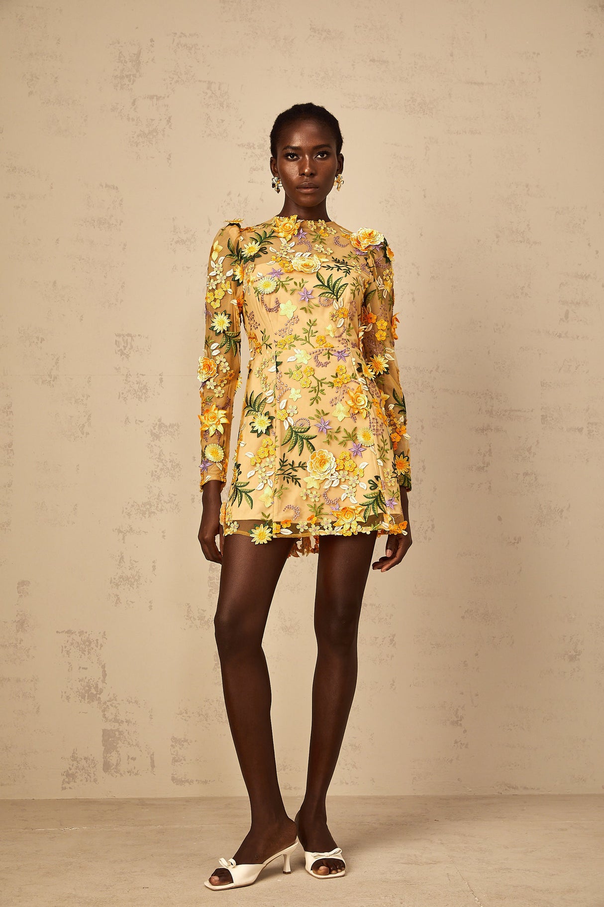 Aurohaya Jolien 3D Floral Appliqué Mini Dress in Yellow