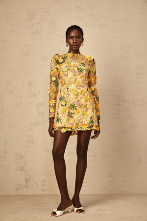 Aurohaya Jolien 3D Floral Appliqué Mini Dress in Yellow
