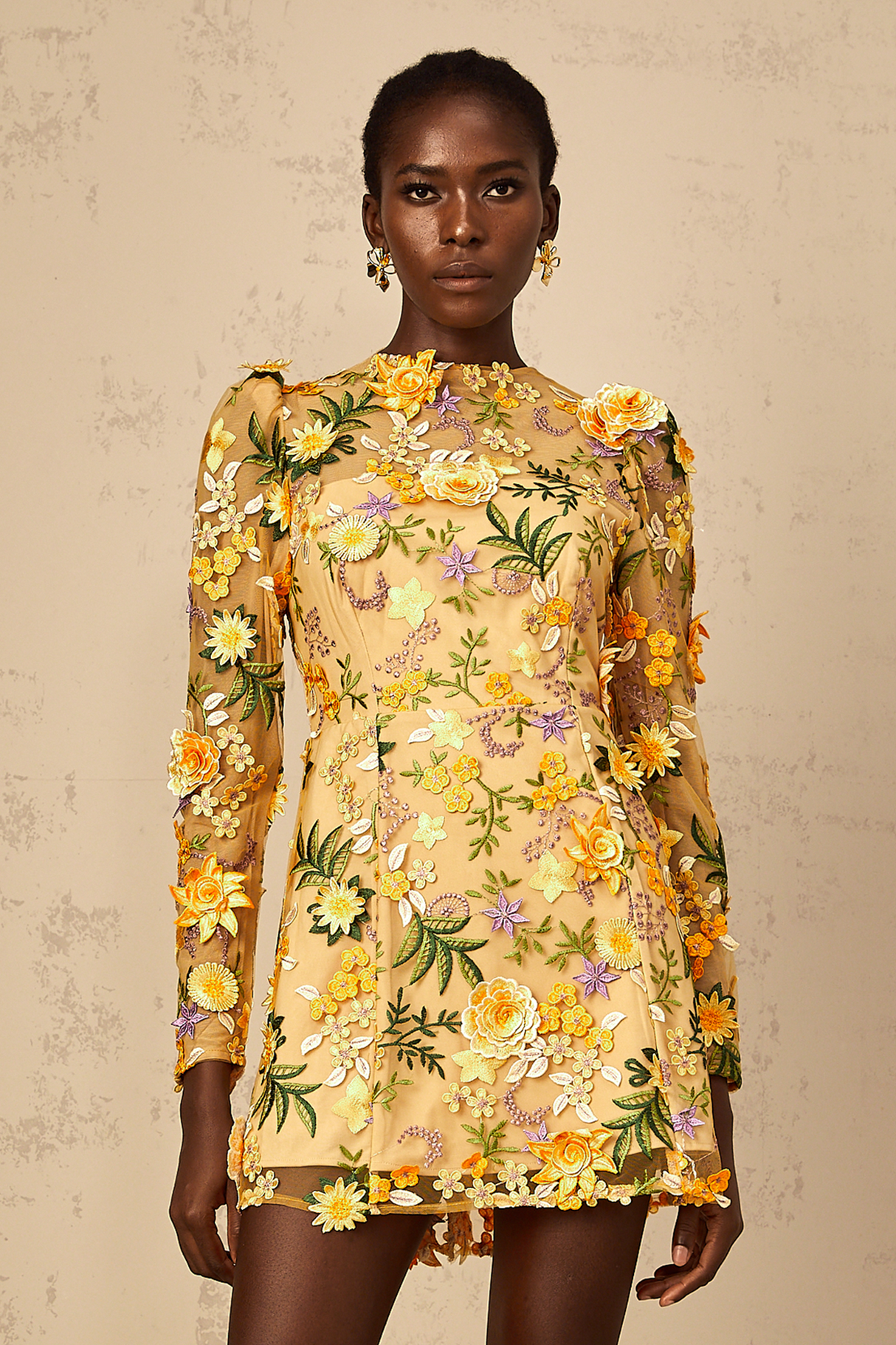 Aurohaya Jolien 3D Floral Appliqué Mini Dress in Yellow