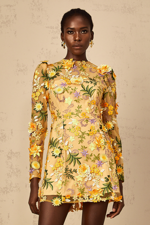 Aurohaya Jolien 3D Floral Appliqué Mini Dress in Yellow