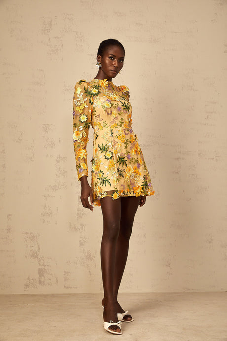 Aurohaya Jolien 3D Floral Appliqué Mini Dress in Yellow