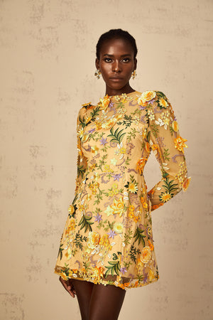 Aurohaya Jolien 3D Floral Appliqué Mini Dress in Yellow